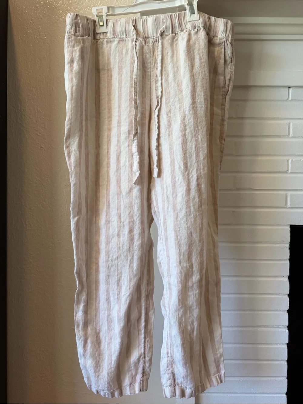 Mango Basics 100% Linen Cream Ivory Striped Drawstring Pants Size Large